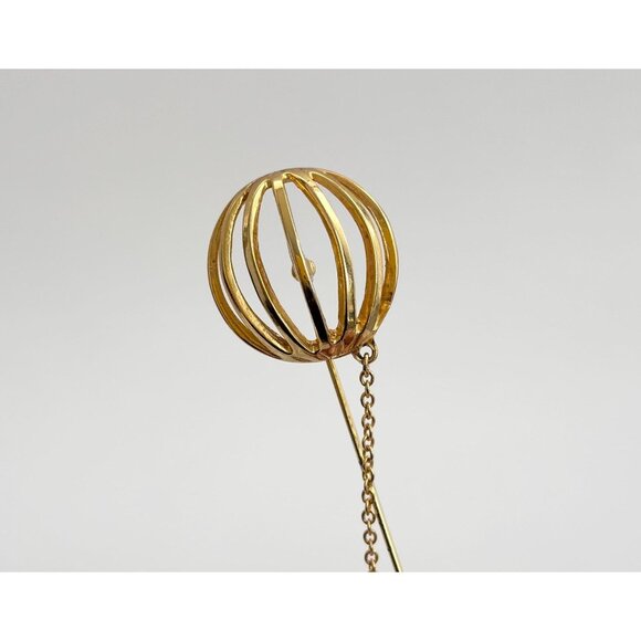 Gold T Spherical Cage w/ Safety Chain Vintage Stick Pin | Hat Pin | Lapel Pin - Picture 1 of 10